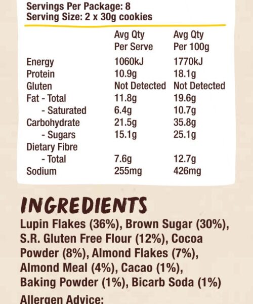 protein cookie mix with almond and cacao nutri info