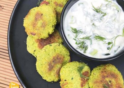 Mediterranean Lupin Fritters with Dill Yoghurt Sauce