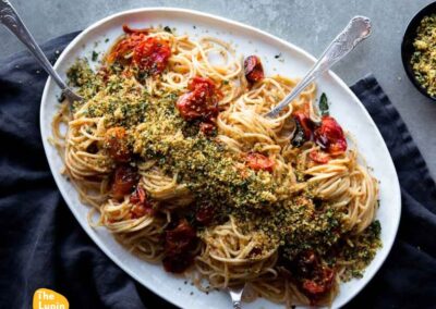 Spaghetti with Slow Roasted Garlic & Blistered Tomatoes & Gremolata Crumb